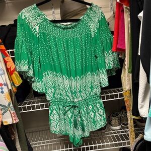 Olivaceous Green and White Patterned Off-Shoulder Romper